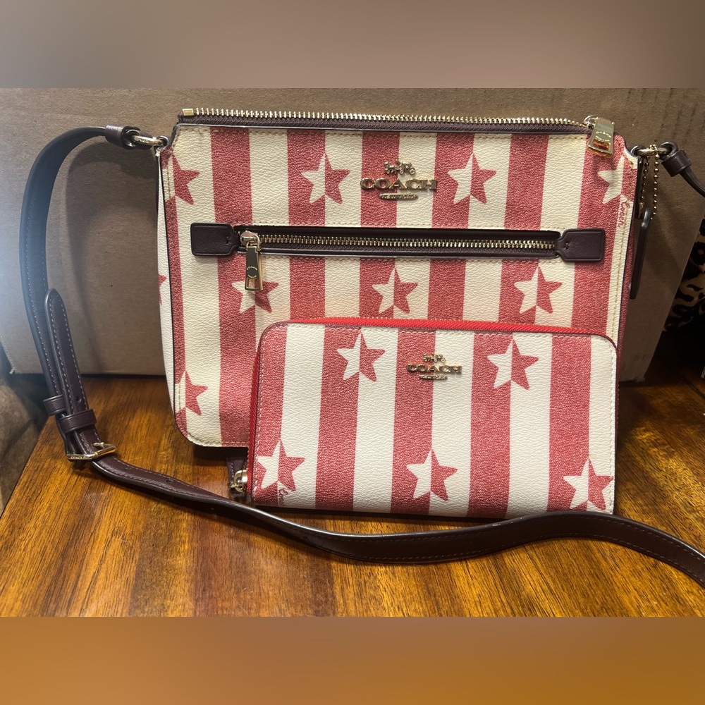 Coach 2fer Red and Cream Star Stripe Crossbody Bag AND Wallet